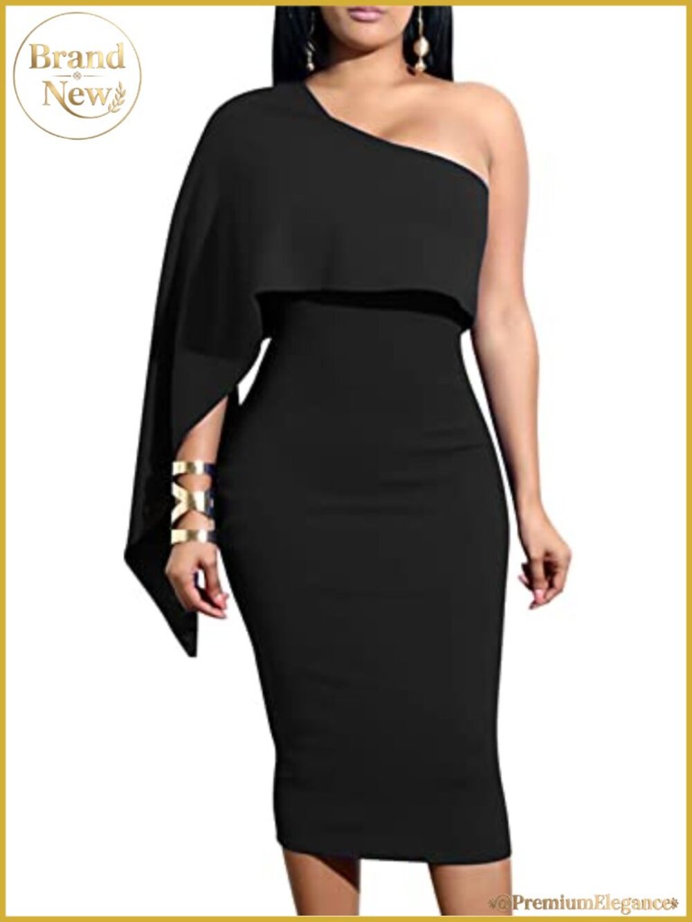 Asymmetrical One Shoulder Cape Bodycon Midi Dress Club Night Out
